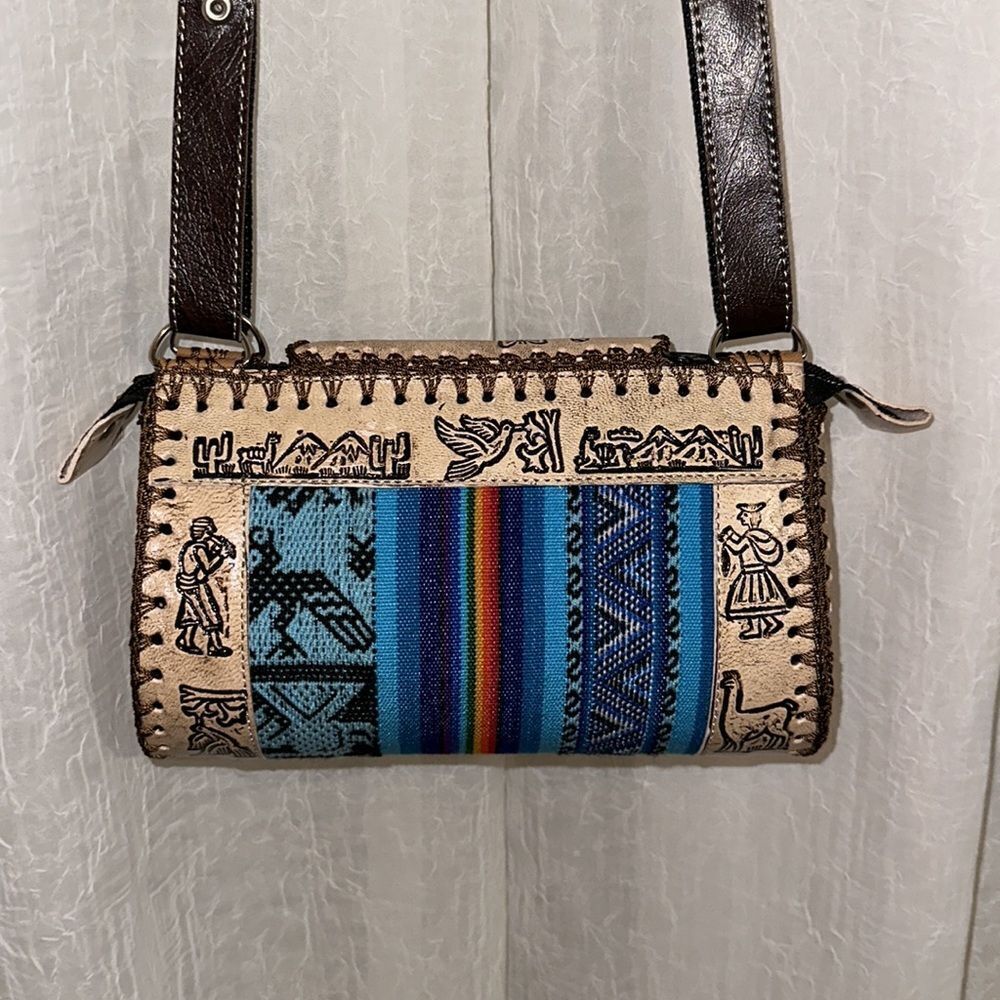 Peruvian Genuine Tooled Graphic Leather Stripe Mini Crossbody Bag - Picture 2 of 12
